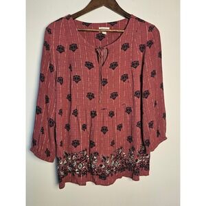 [Boho] Market & Spruce Embroidered Peasant Blouse Womens L Rust Red 3/4 Sleeve